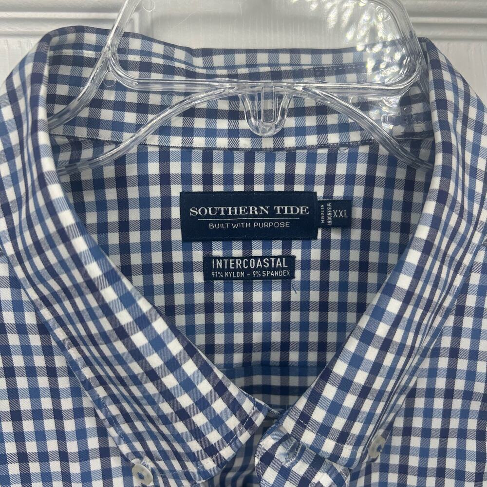 Southern Tide Button Down Size XXL Gingham Madras Blue 91% Nylon 5382 - Picture 2 of 9